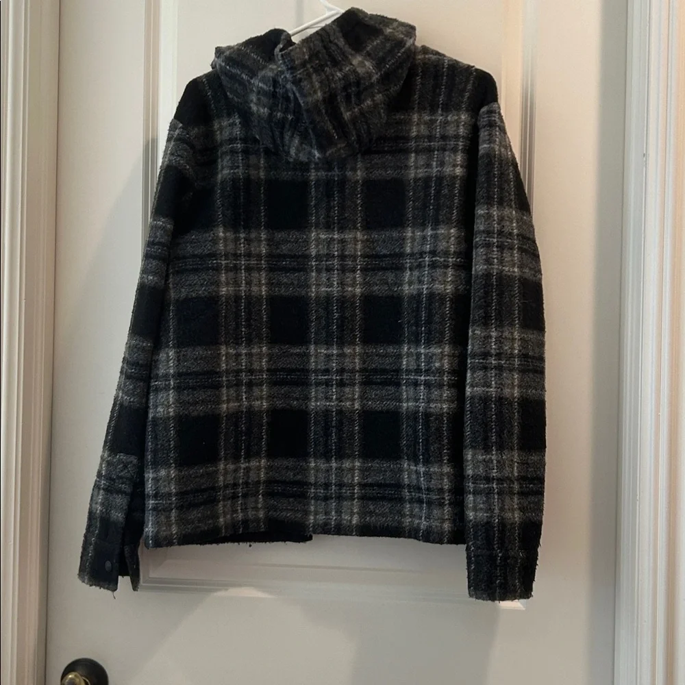 Banana Republic Plaid Hooded snap Jacket poly wool blend front pockets size S